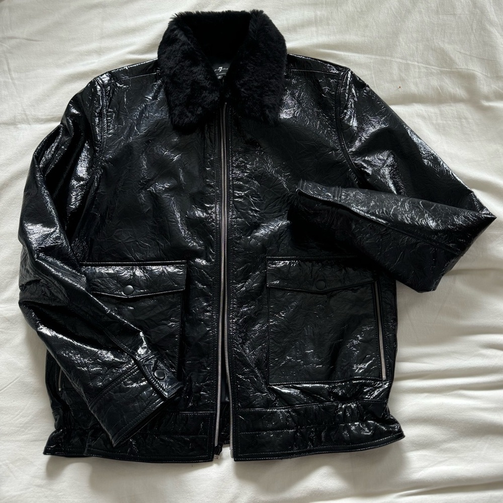 7 FOR ALL MANKIND faux fur trimmed patent leather jacket in Jet Black size M